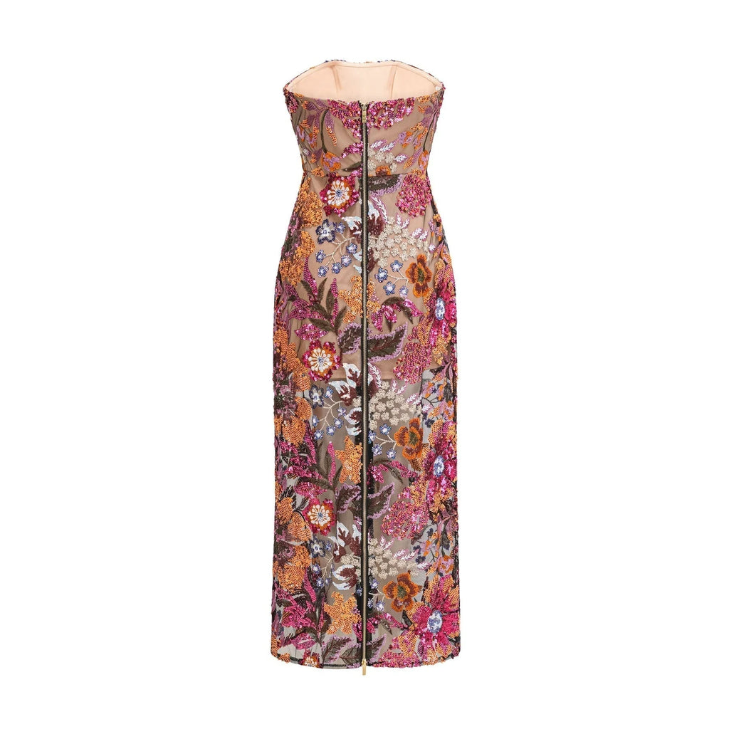 Michelina Floral Midi Dress in Red with Sequin Embellishment & OffShoulder Style