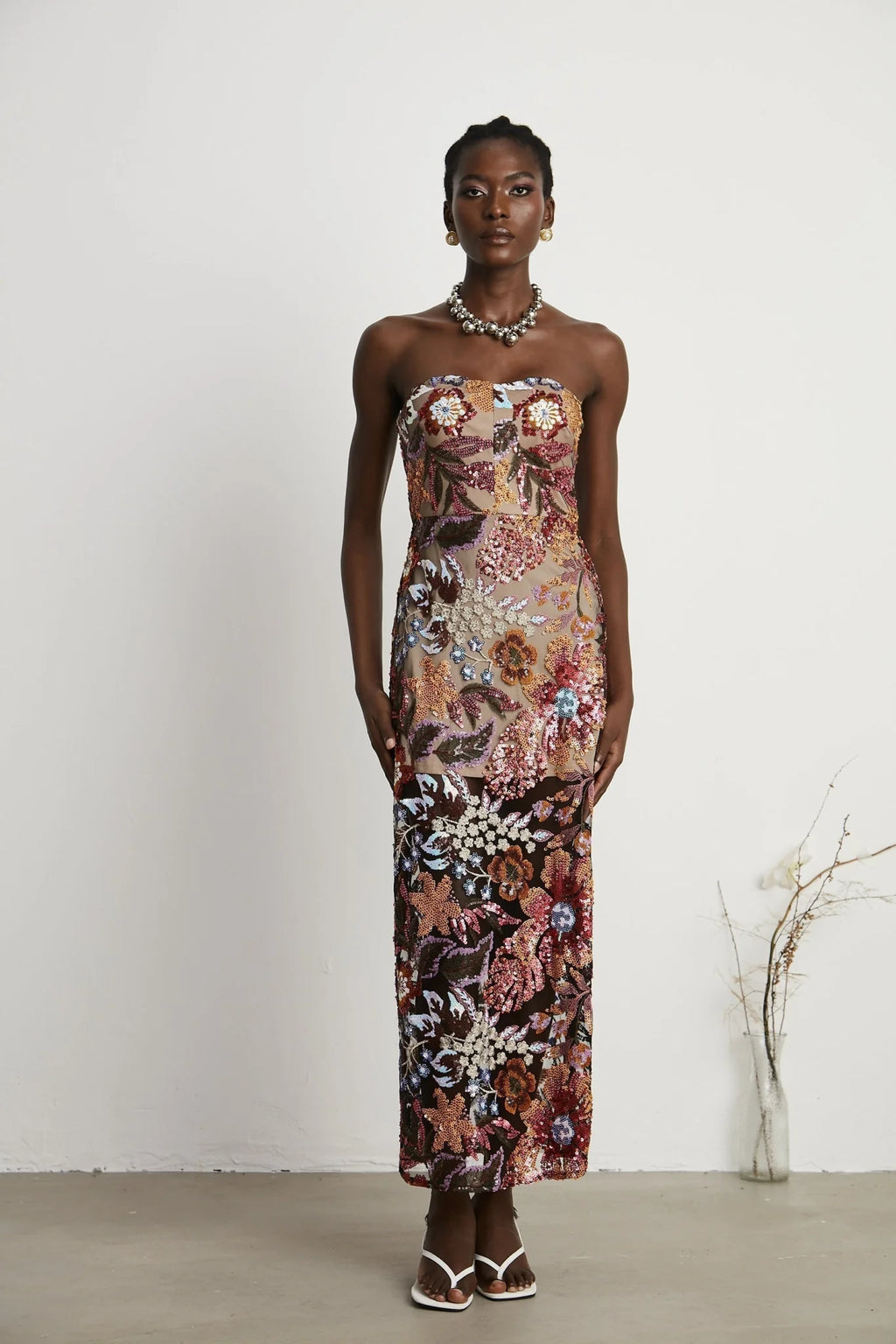 Michelina Floral Midi Dress in Red with Sequin Embellishment & OffShoulder Style