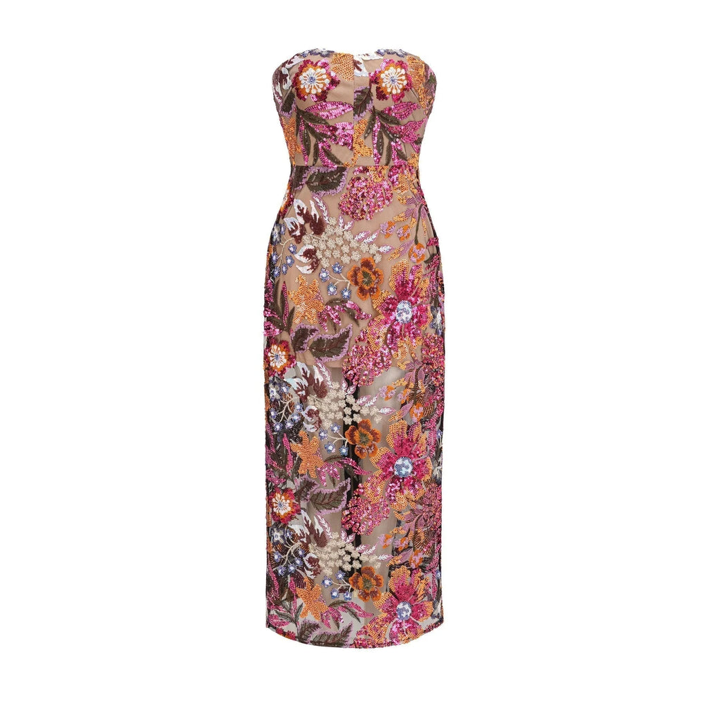 Michelina Floral Midi Dress in Red with Sequin Embellishment & OffShoulder Style