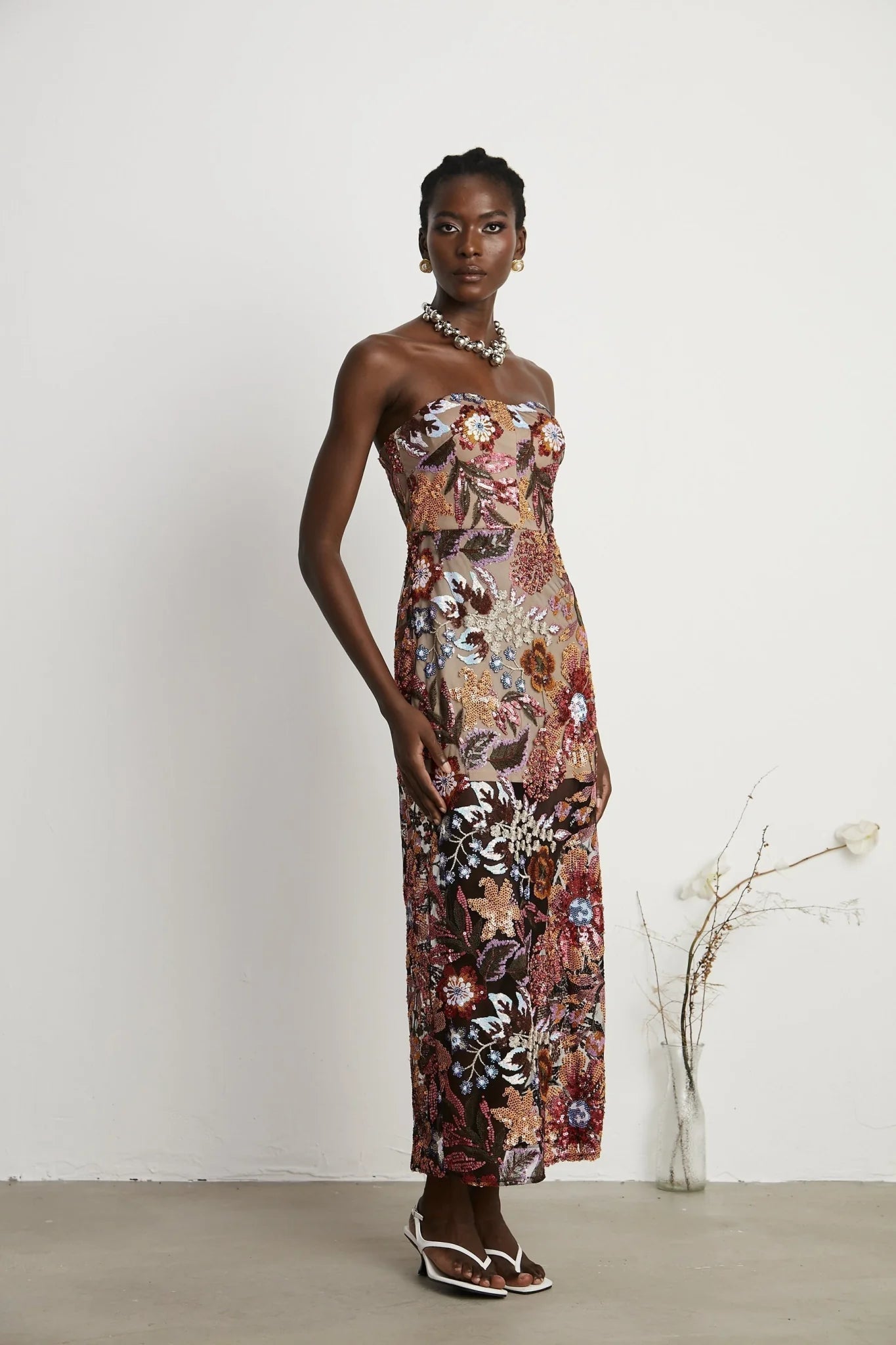 Michelina Floral Midi Dress in Red with Sequin Embellishment & OffShoulder Style