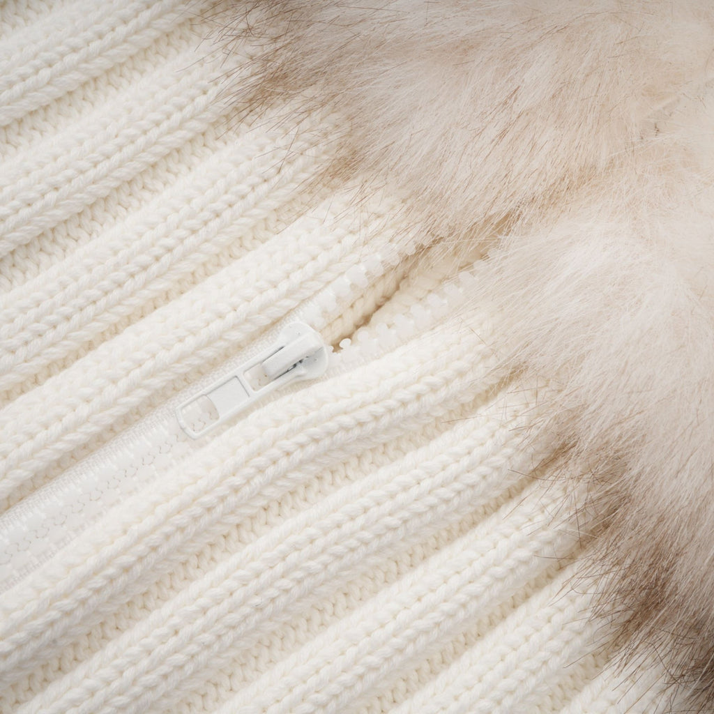 Michelina Jacket White Brown Faux Fur Ribbed Knit & Frayed Edge