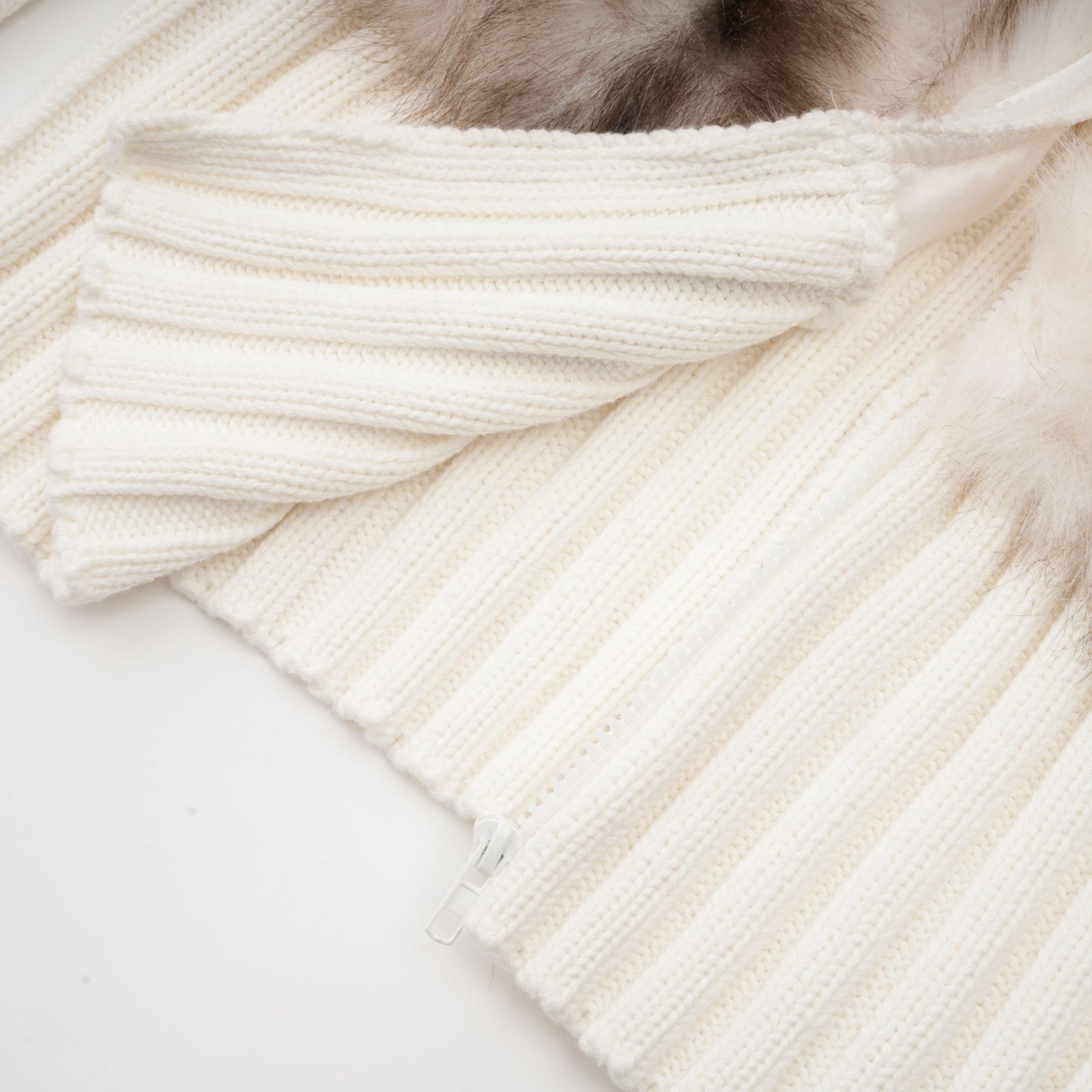 Michelina Jacket White Brown Faux Fur Ribbed Knit & Frayed Edge