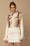 Michelina Jacket White Brown Faux Fur Ribbed Knit & Frayed Edge