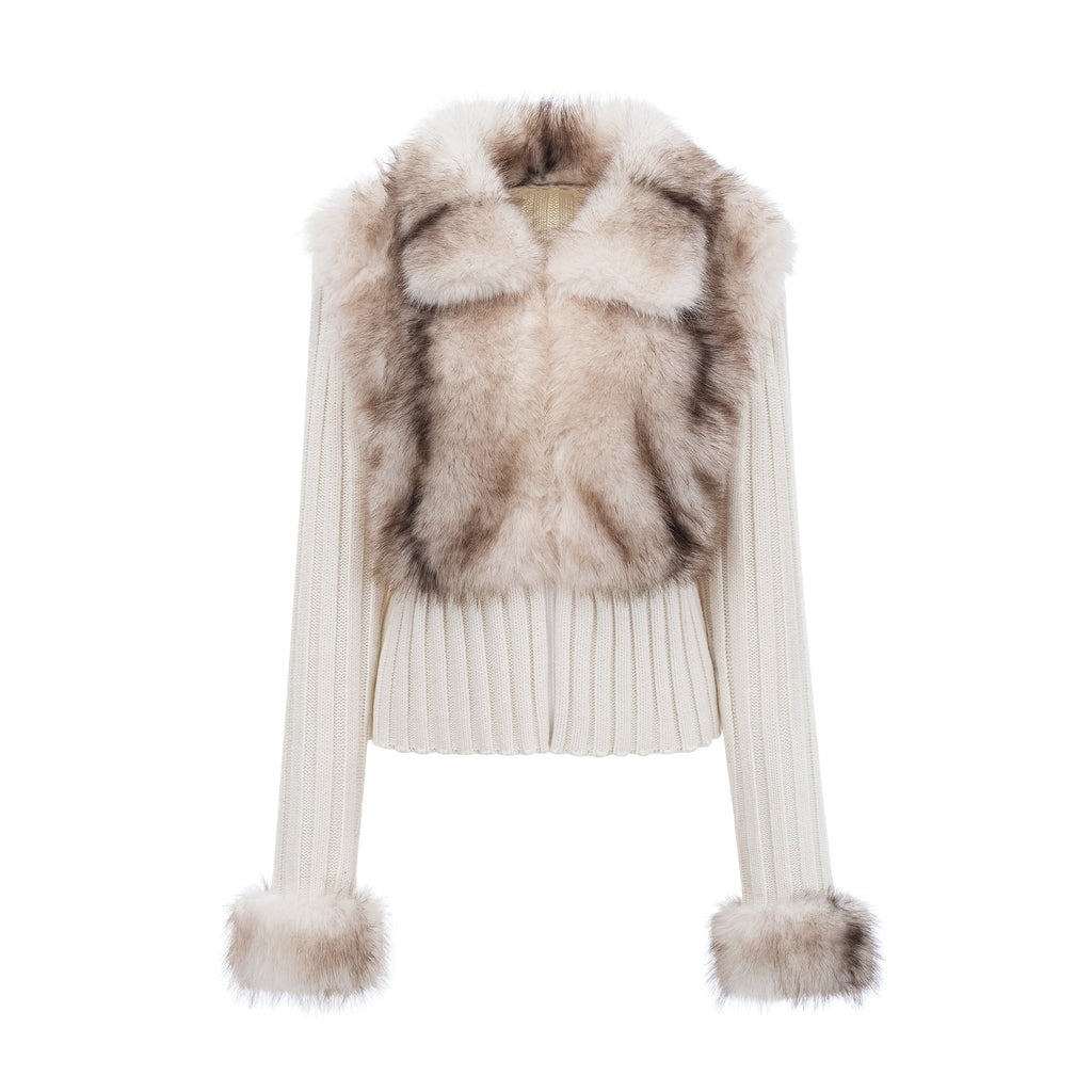 Michelina Jacket White Brown Faux Fur Ribbed Knit & Frayed Edge