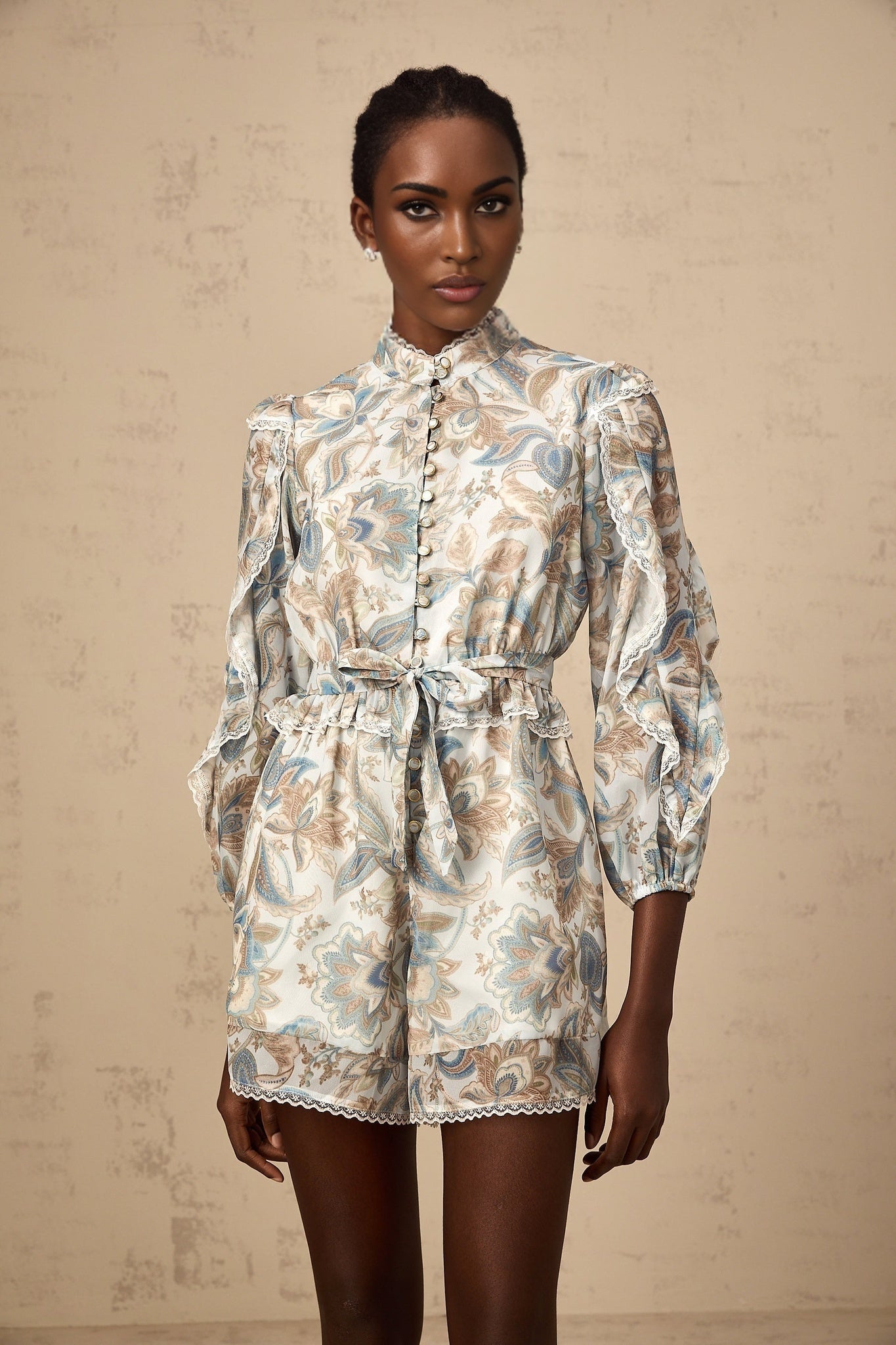 Michelina Jumpsuit Blue Floral Print Lace Trim Ruffled & Tied