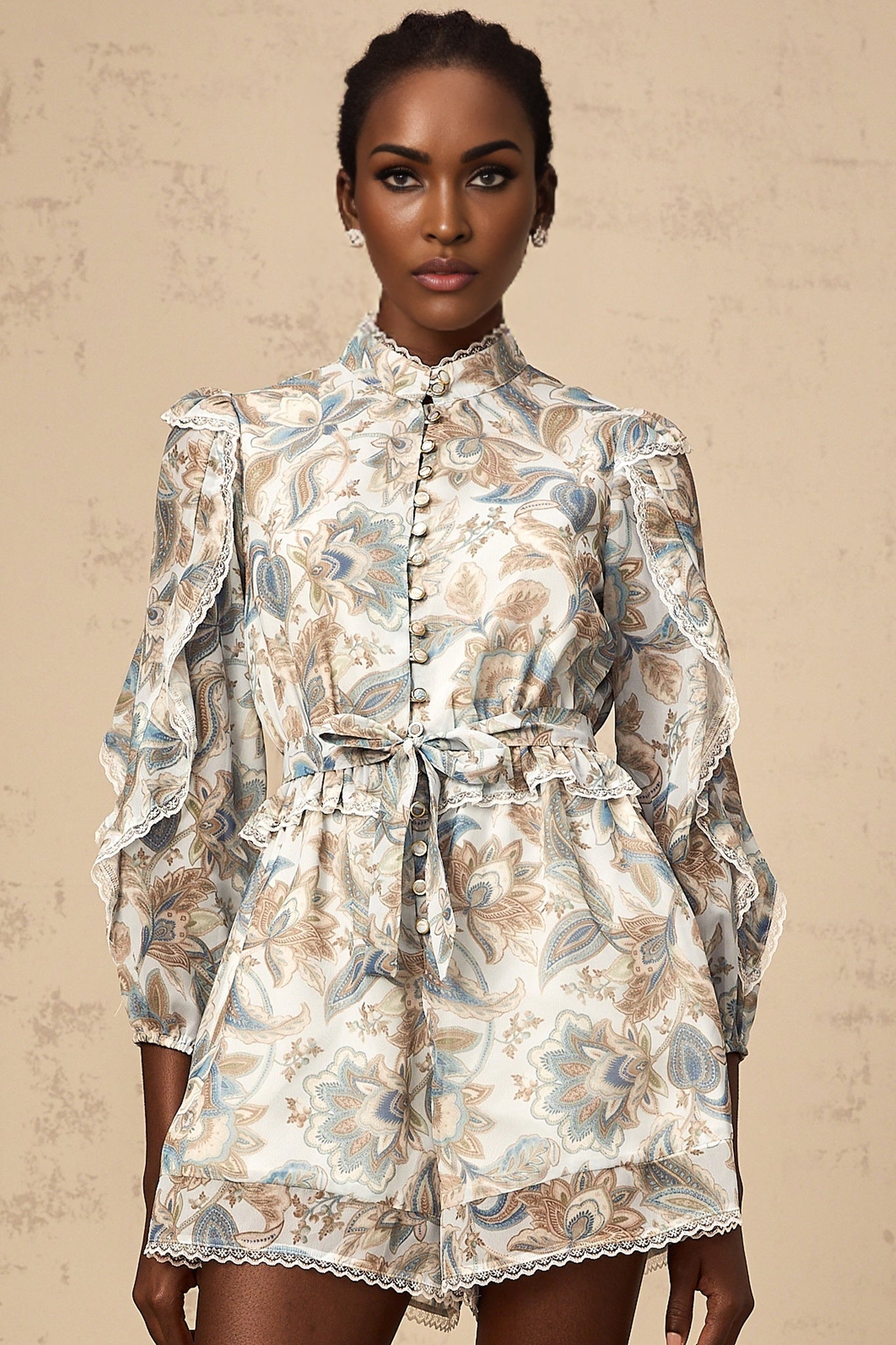 Michelina Jumpsuit Blue Floral Print Lace Trim Ruffled & Tied