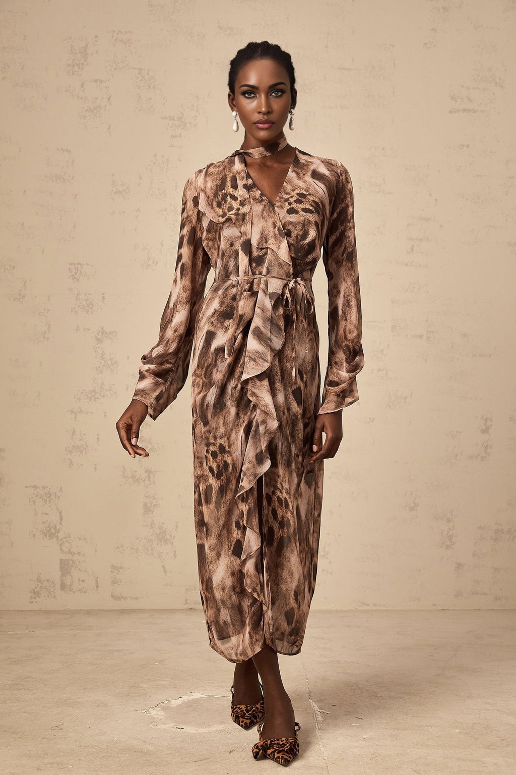 Michelina Midi Dress Brown Leopard Print Ruffled High Slit & Ribbon Tied Tieneck