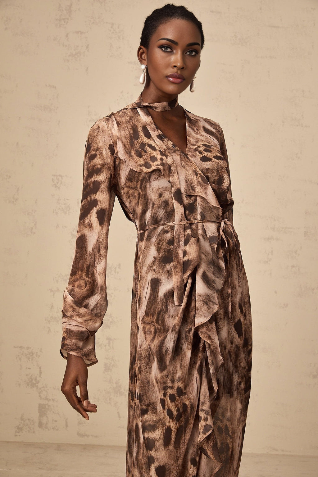 Michelina Midi Dress Brown Leopard Print Ruffled High Slit & Ribbon Tied Tieneck