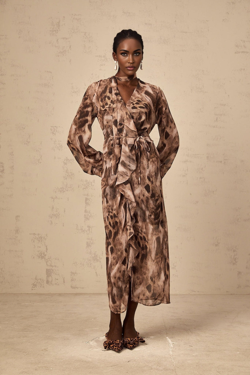Michelina Midi Dress Brown Leopard Print Ruffled High Slit & Ribbon Tied Tieneck