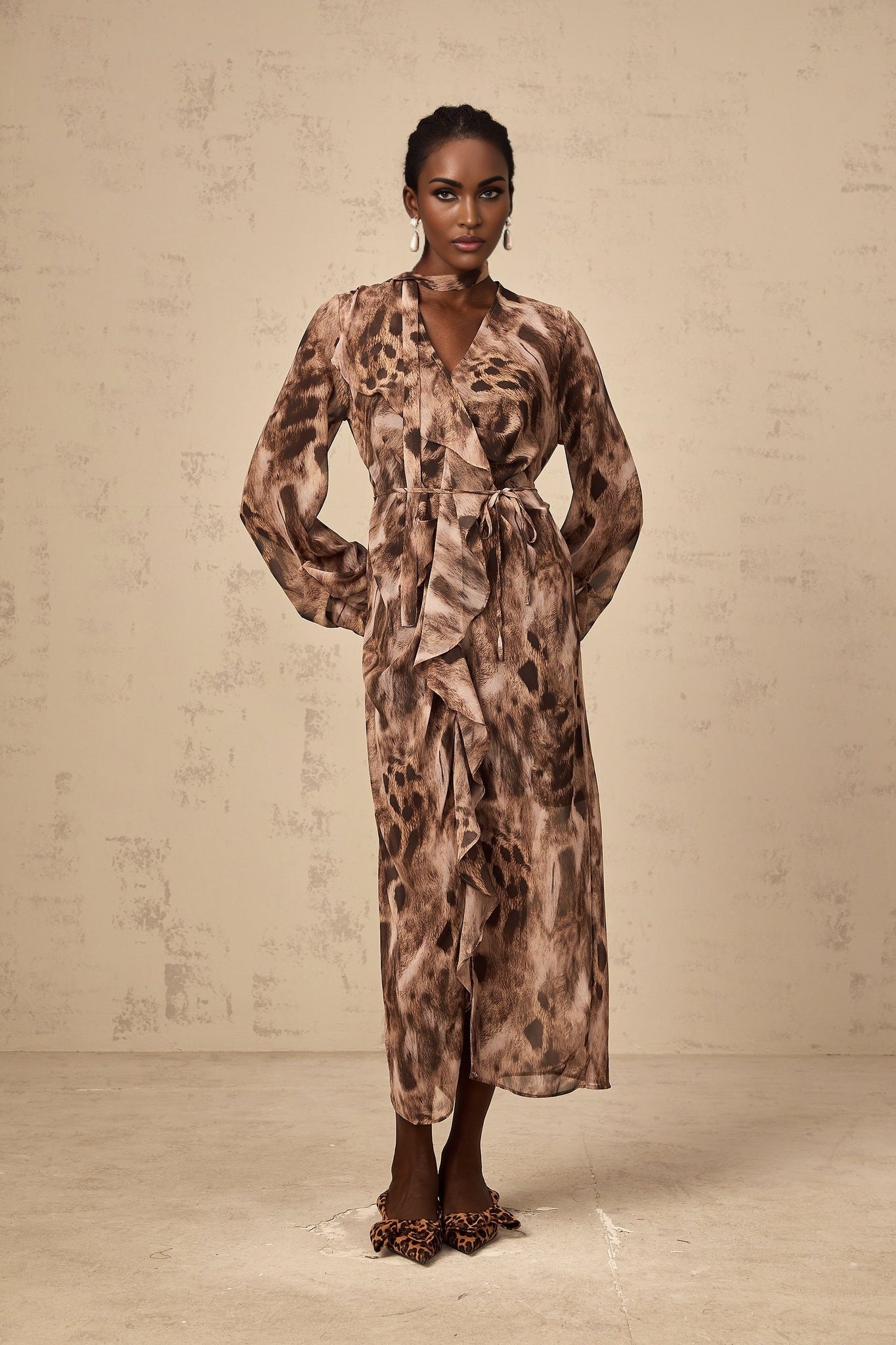 Michelina Midi Dress Brown Leopard Print Ruffled High Slit & Ribbon Tied Tieneck