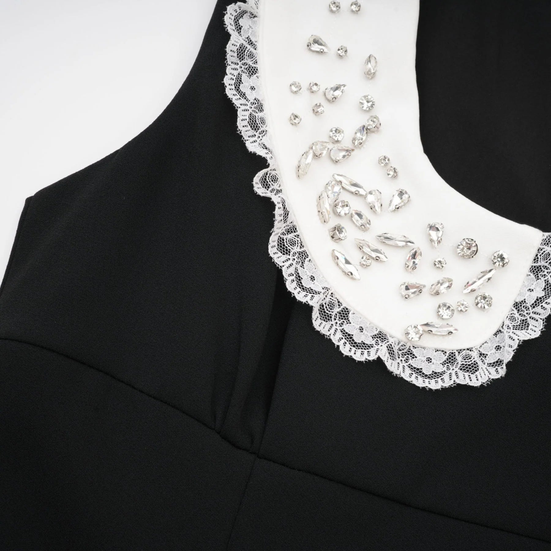 Michelina Mini Dress Lace Trim Crystal Embellishments Black White