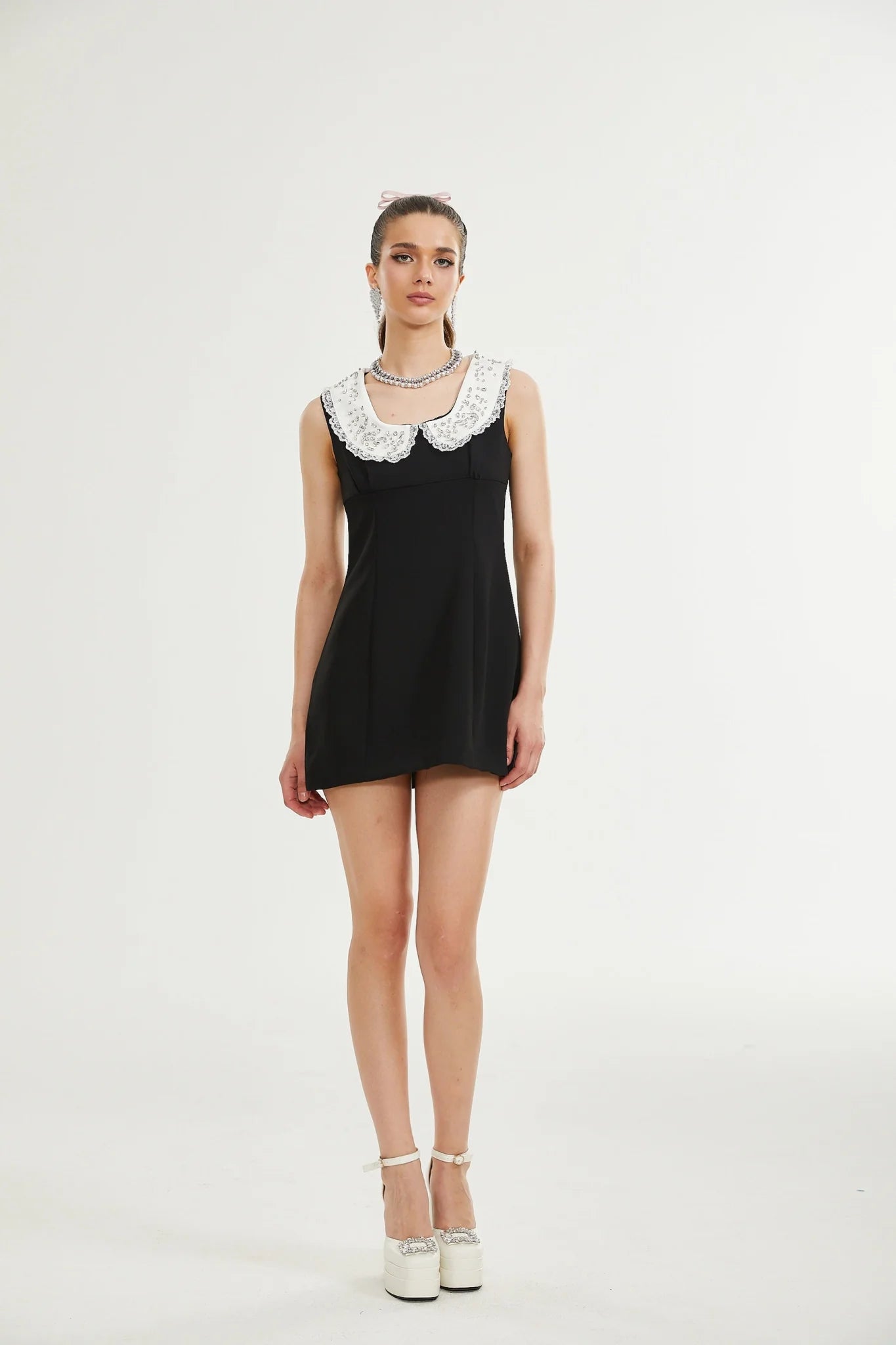 Michelina Mini Dress Lace Trim Crystal Embellishments Black White