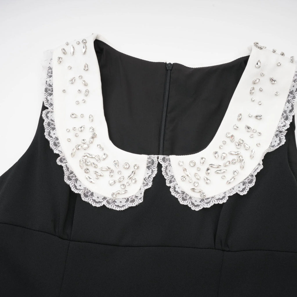 Michelina Mini Dress Lace Trim Crystal Embellishments Black White