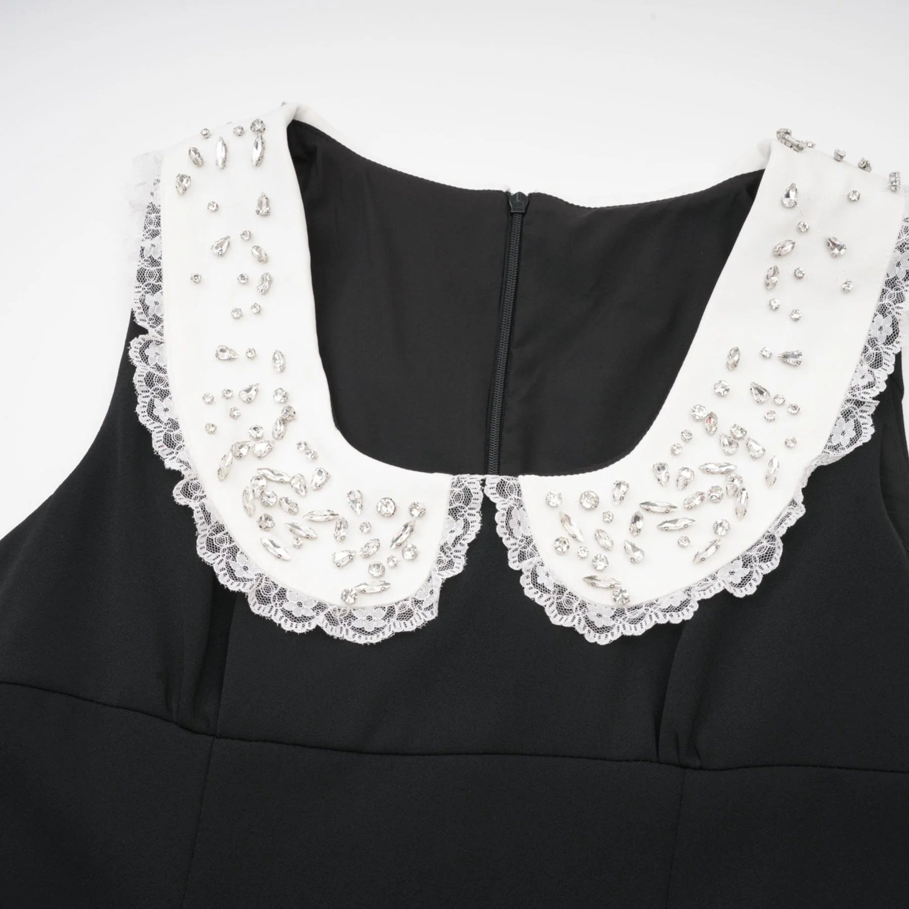 Michelina Mini Dress Lace Trim Crystal Embellishments Black White