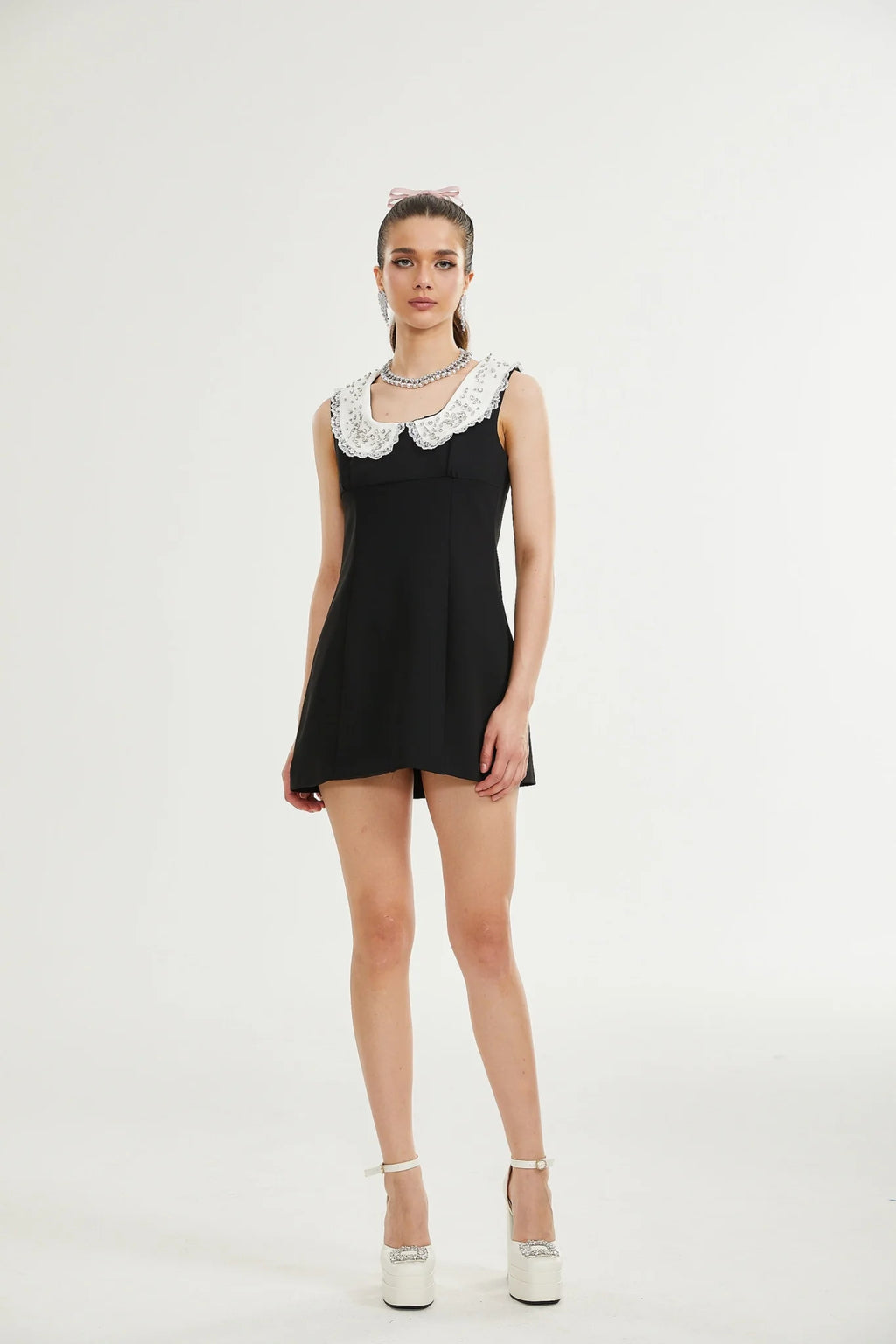 Michelina Mini Dress Lace Trim Crystal Embellishments Black White