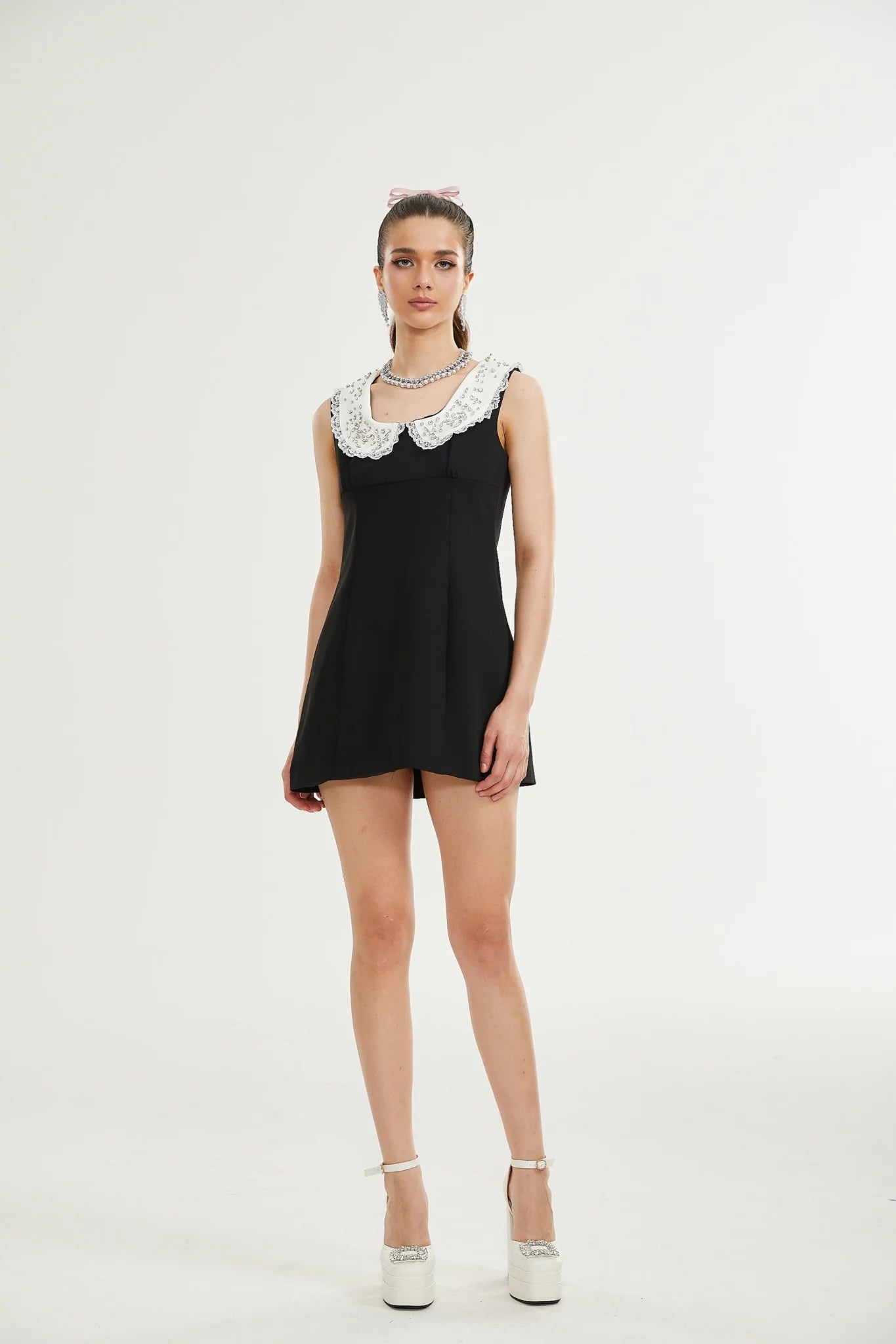 Michelina Mini Dress Lace Trim Crystal Embellishments Black White