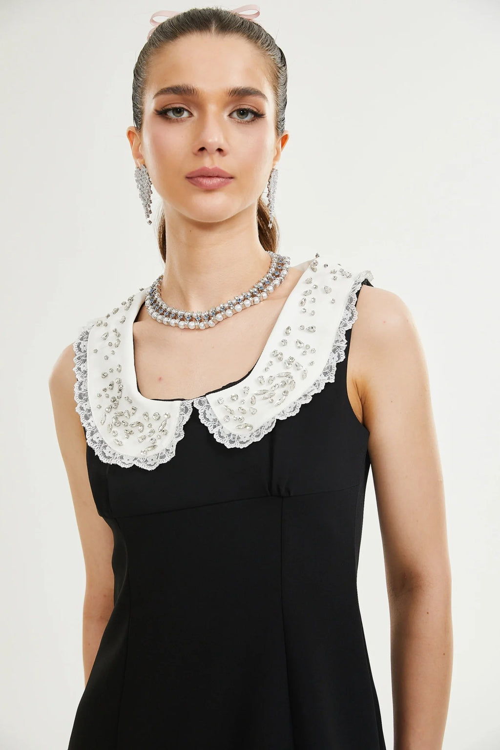 Michelina Mini Dress Lace Trim Crystal Embellishments Black White