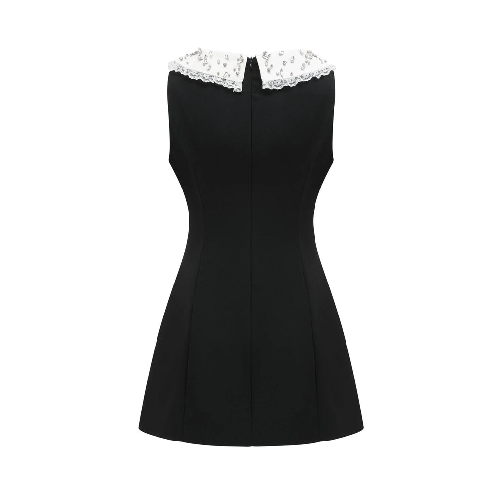 Michelina Mini Dress Lace Trim Crystal Embellishments Black White