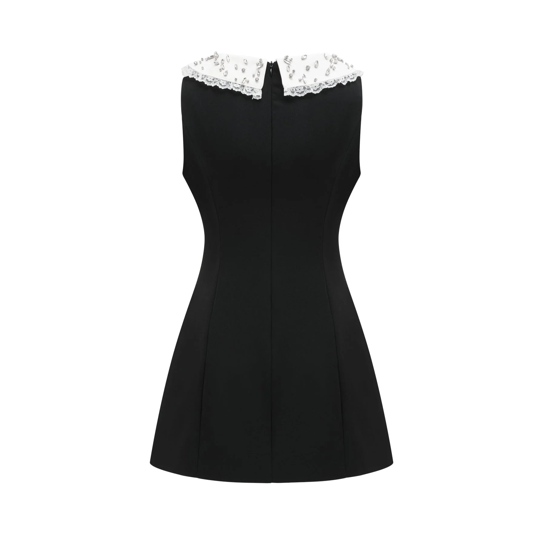Michelina Mini Dress Lace Trim Crystal Embellishments Black White