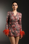 Michelina Red Floral Print V-Neck Long Sleeve Dress with Feather Detailing and Belt