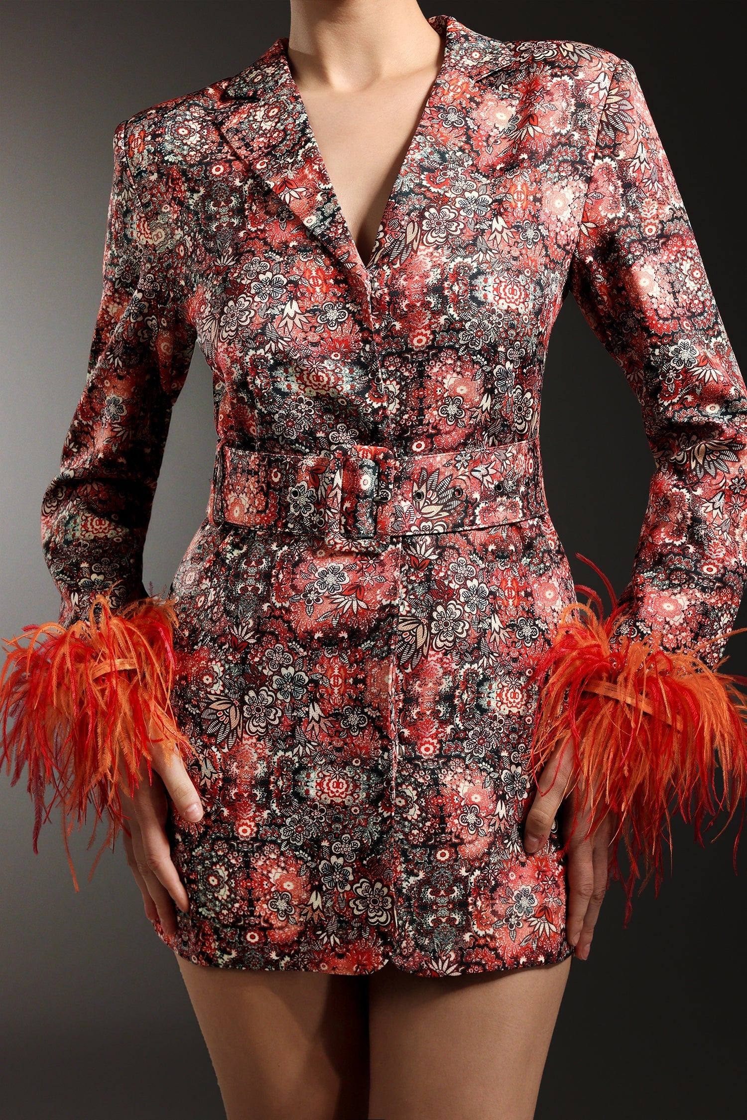 Michelina Red Floral Print V-Neck Feather Detail Long Sleeve Belted Dress
