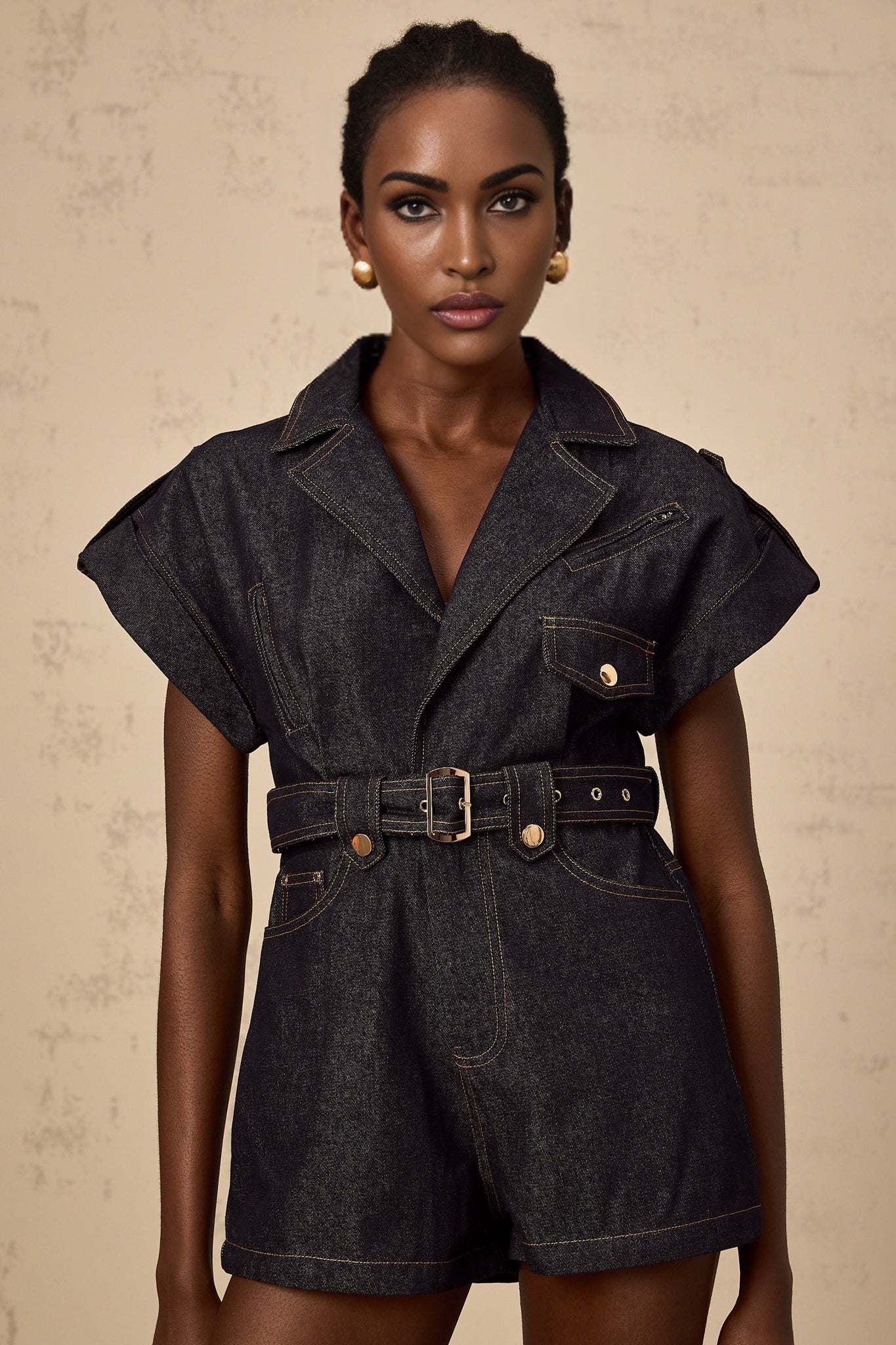 Michelle Denim Blue Belted Playsuit