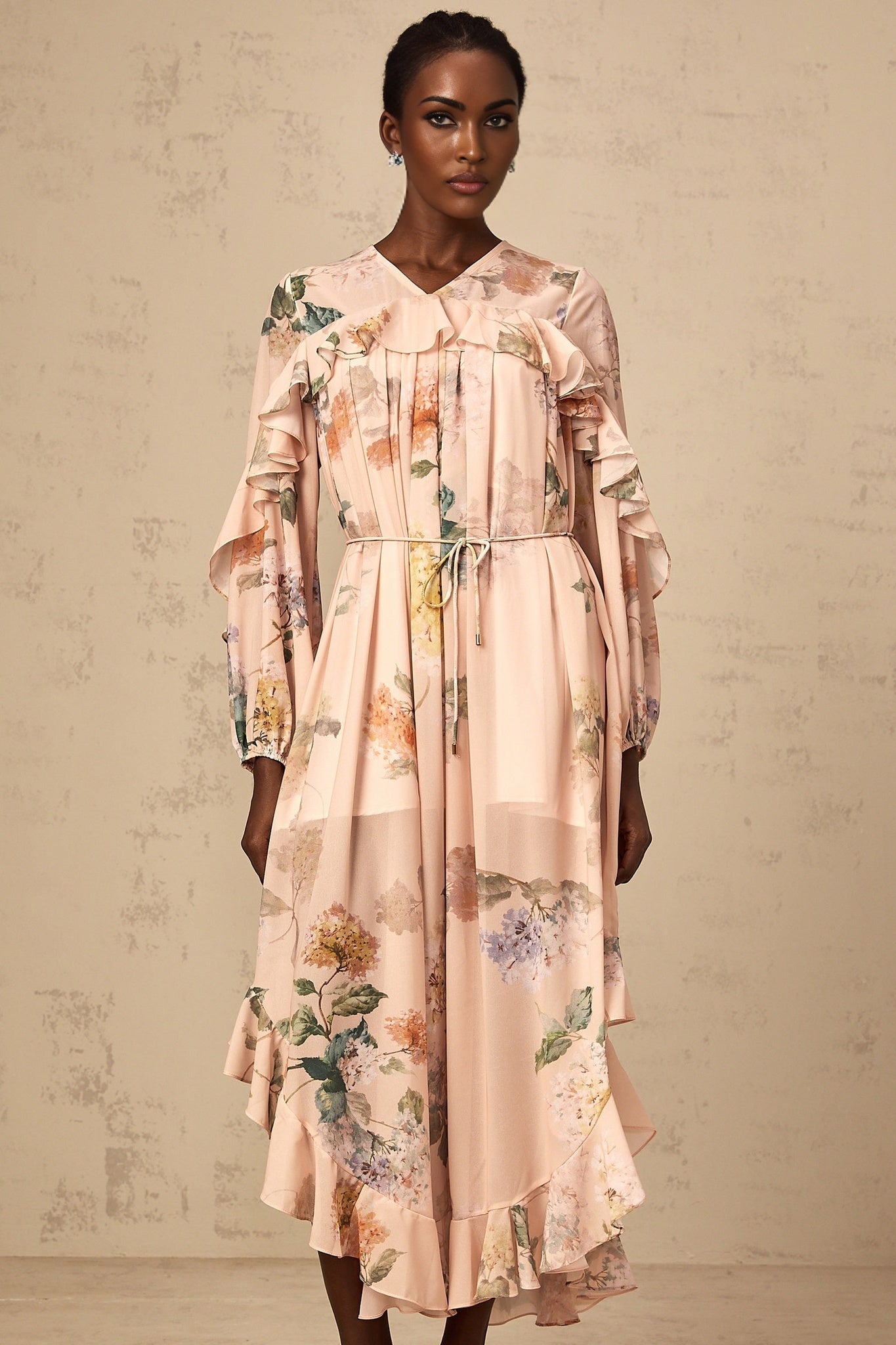 Michelle Floral Print Midi Dress with Pleated Detailing