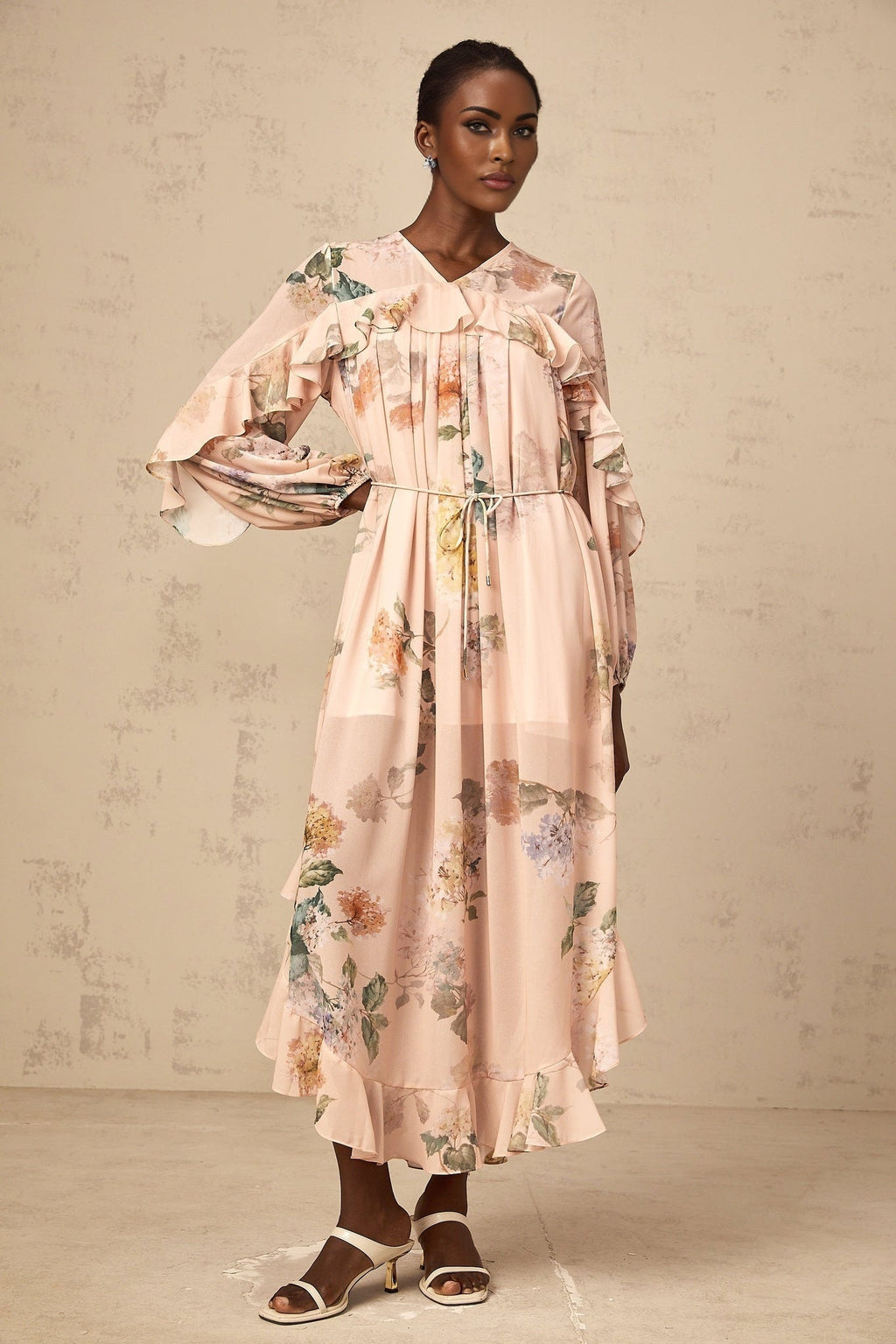 Michelle Floral Print Midi Dress with Pleated Detailing