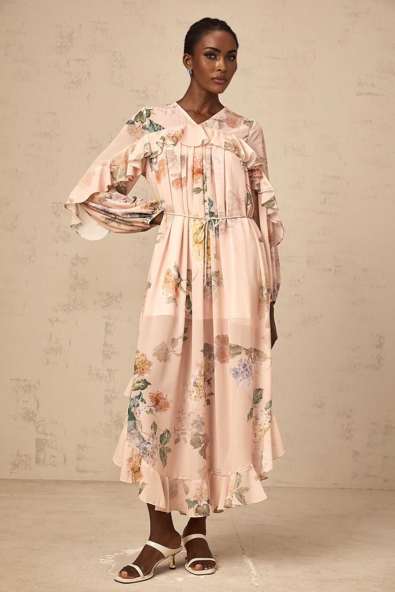 Michelle Floral Print Midi Dress with Pleated Detailing
