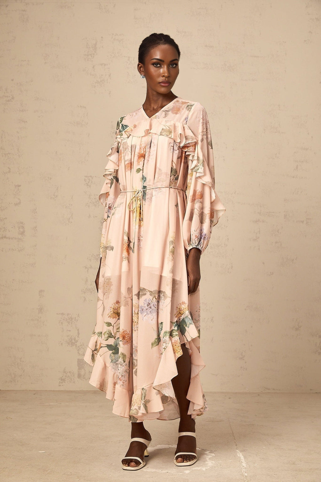 Michelle Floral Print Midi Dress with Pleated Detailing