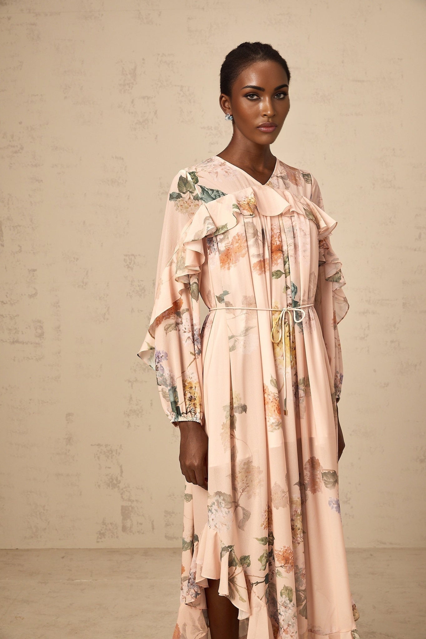 Michelle Floral Print Midi Dress with Pleated Detailing
