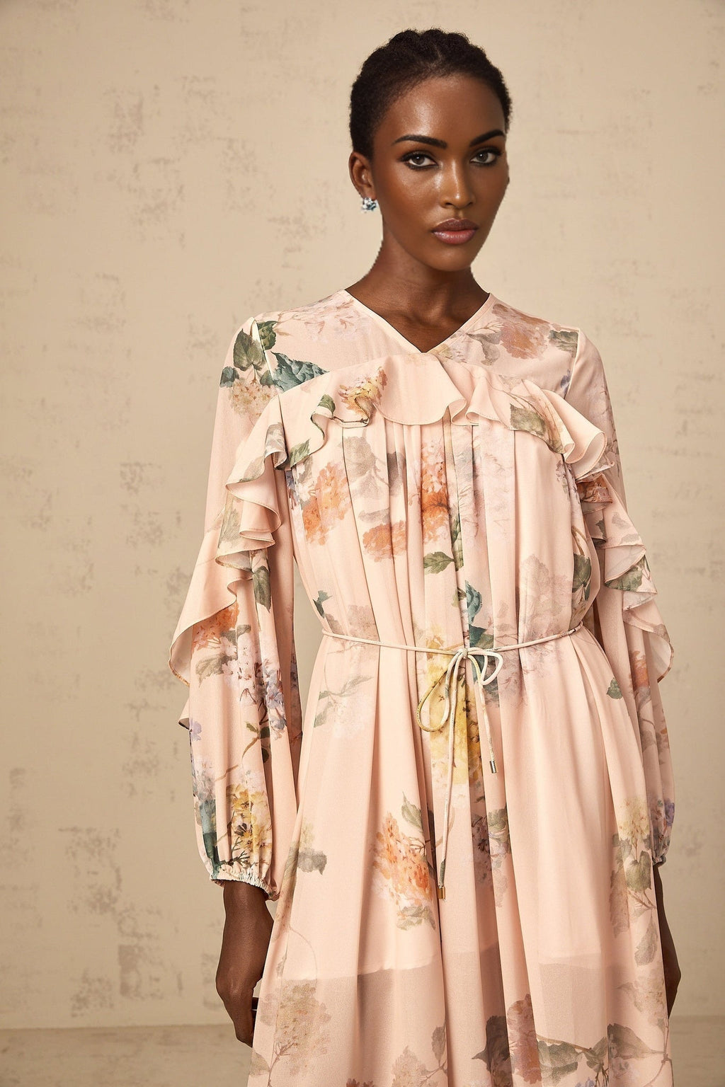 Michelle Floral Print Midi Dress with Pleated Detailing