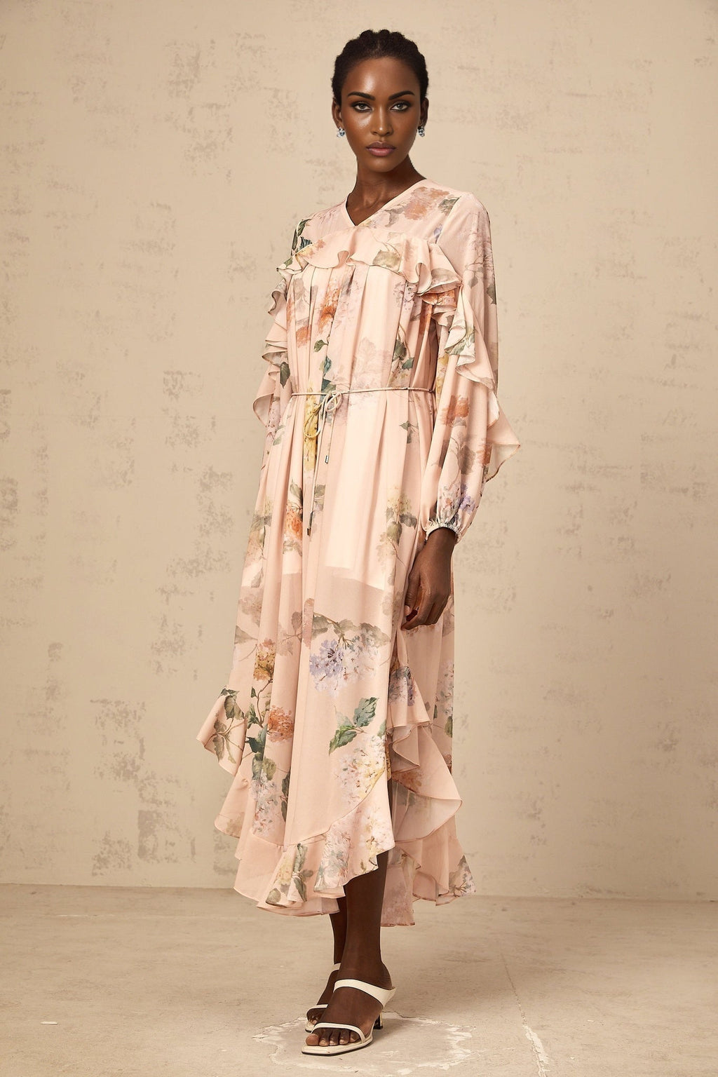 Michelle Floral Print Midi Dress with Pleated Detailing