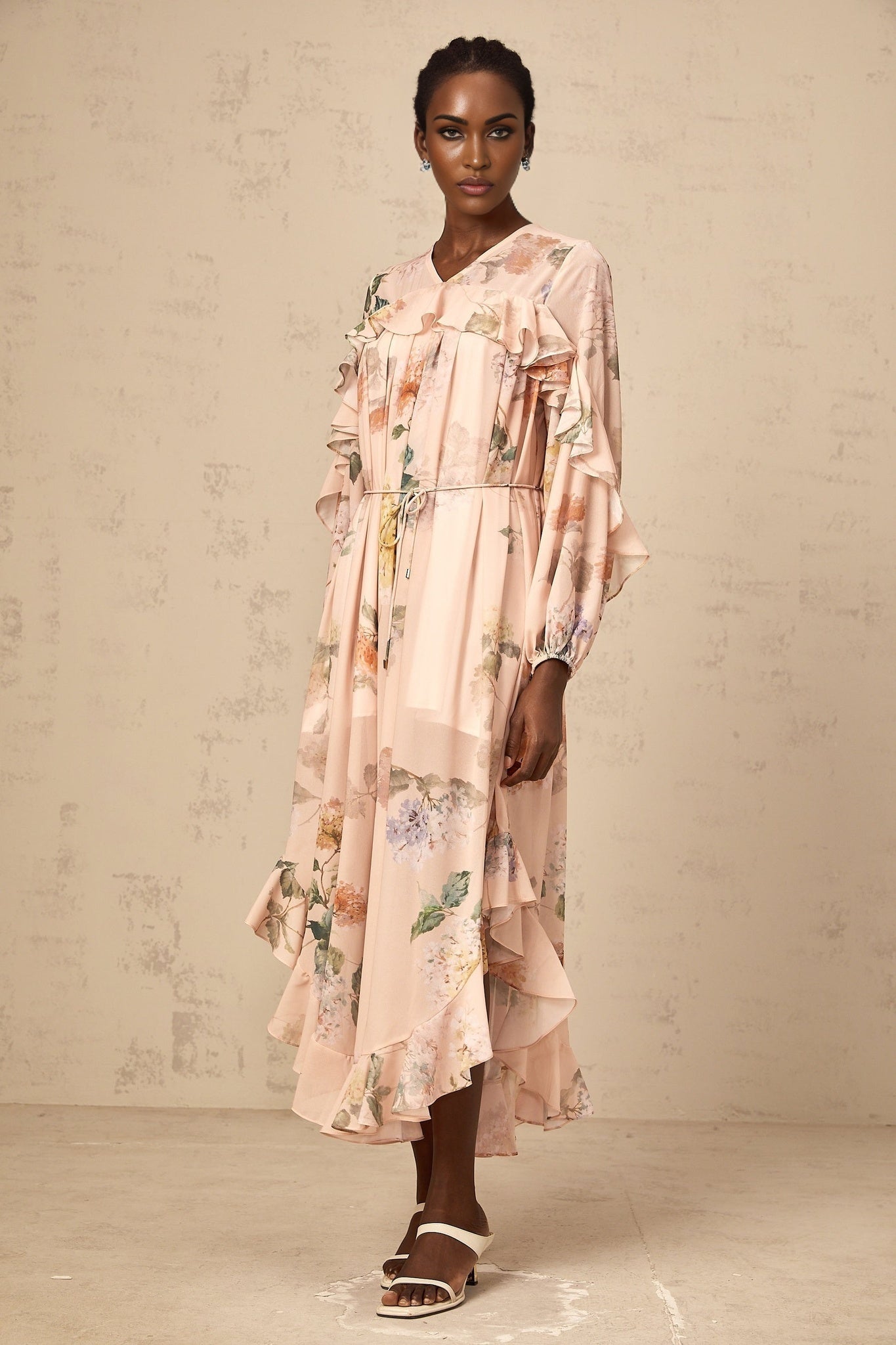 Michelle Floral Print Midi Dress with Pleated Detailing