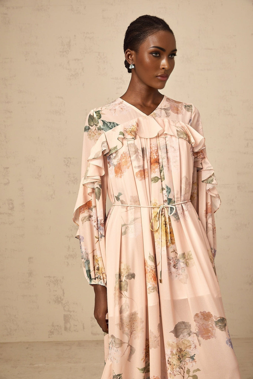 Michelle Floral Print Midi Dress with Pleated Detailing