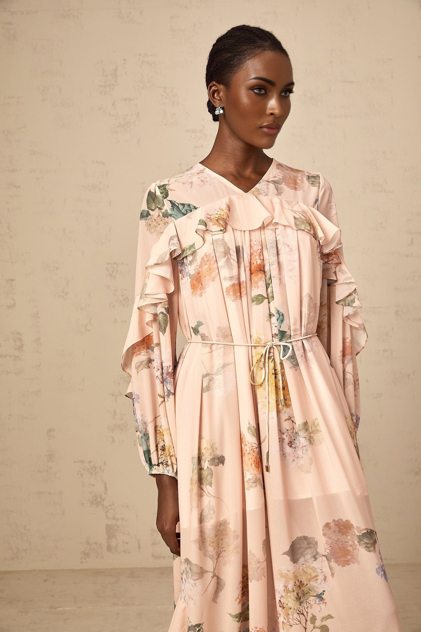 Michelle Floral Print Midi Dress with Pleated Detailing