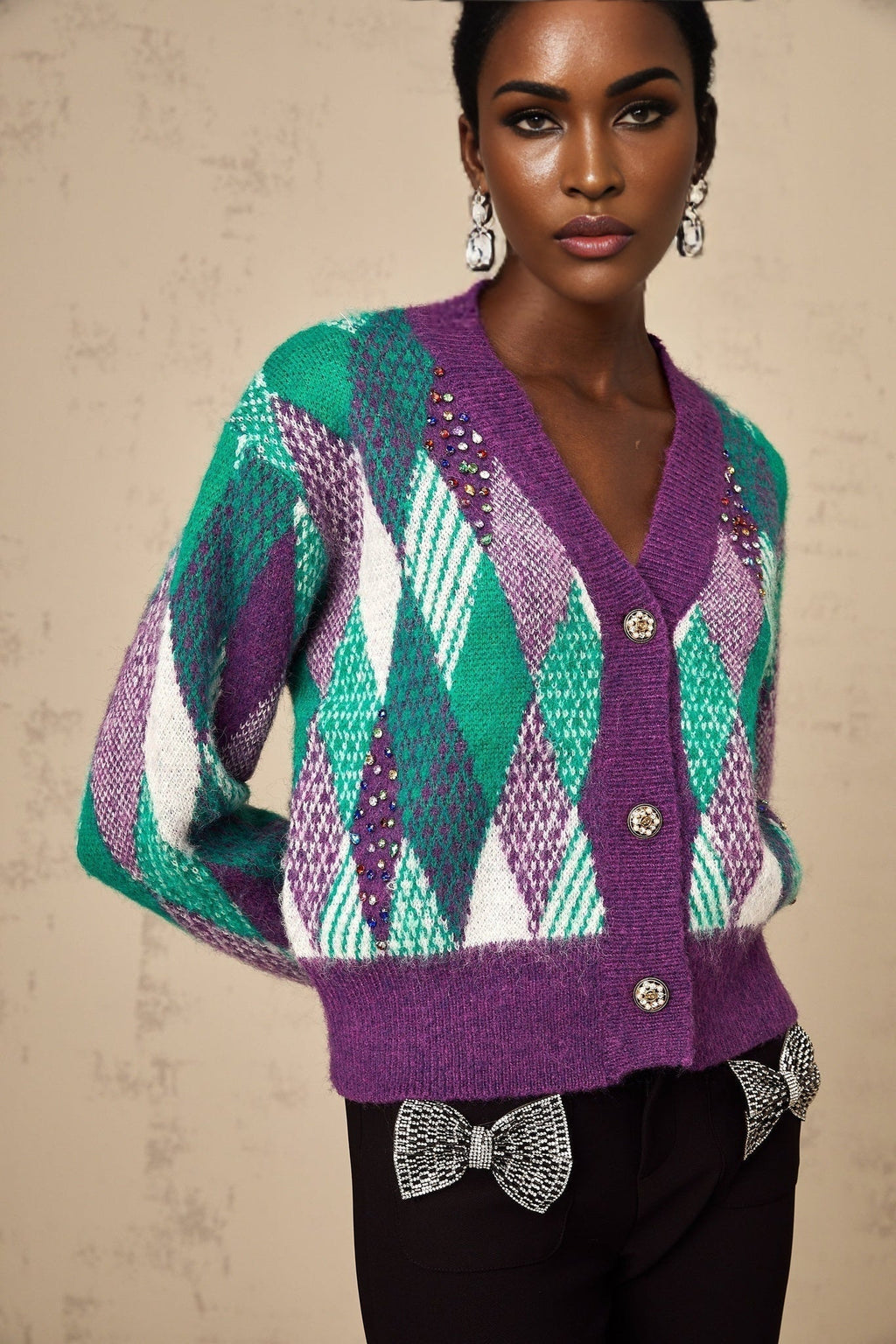 Michelle Top Purple Argyle Knit Rhinestone Cropped