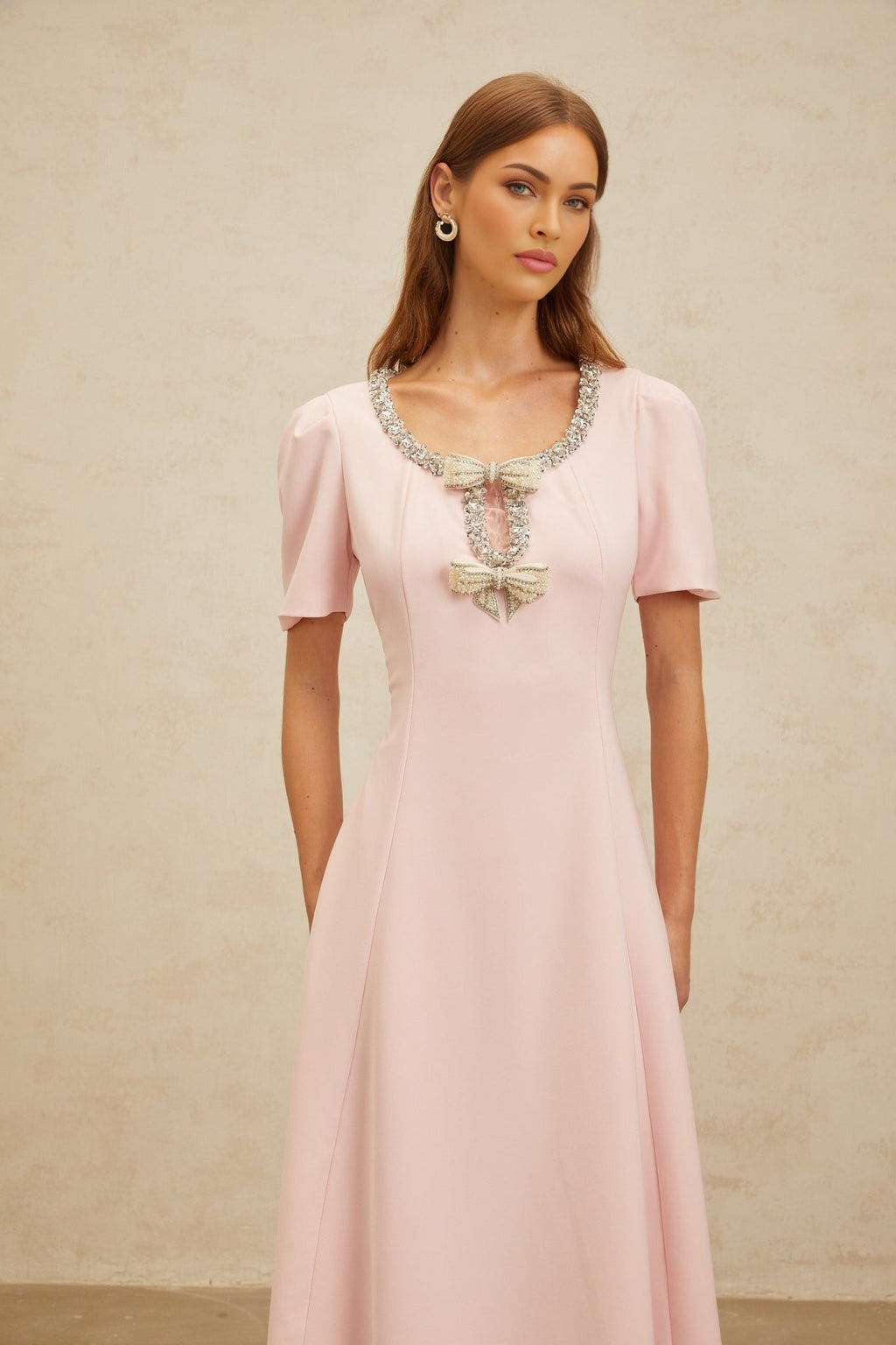 Midi Dress - Cinched Waist - Cut - Out Detailing - Crystal & Faux - Pearl Embellishments - Flared Hem