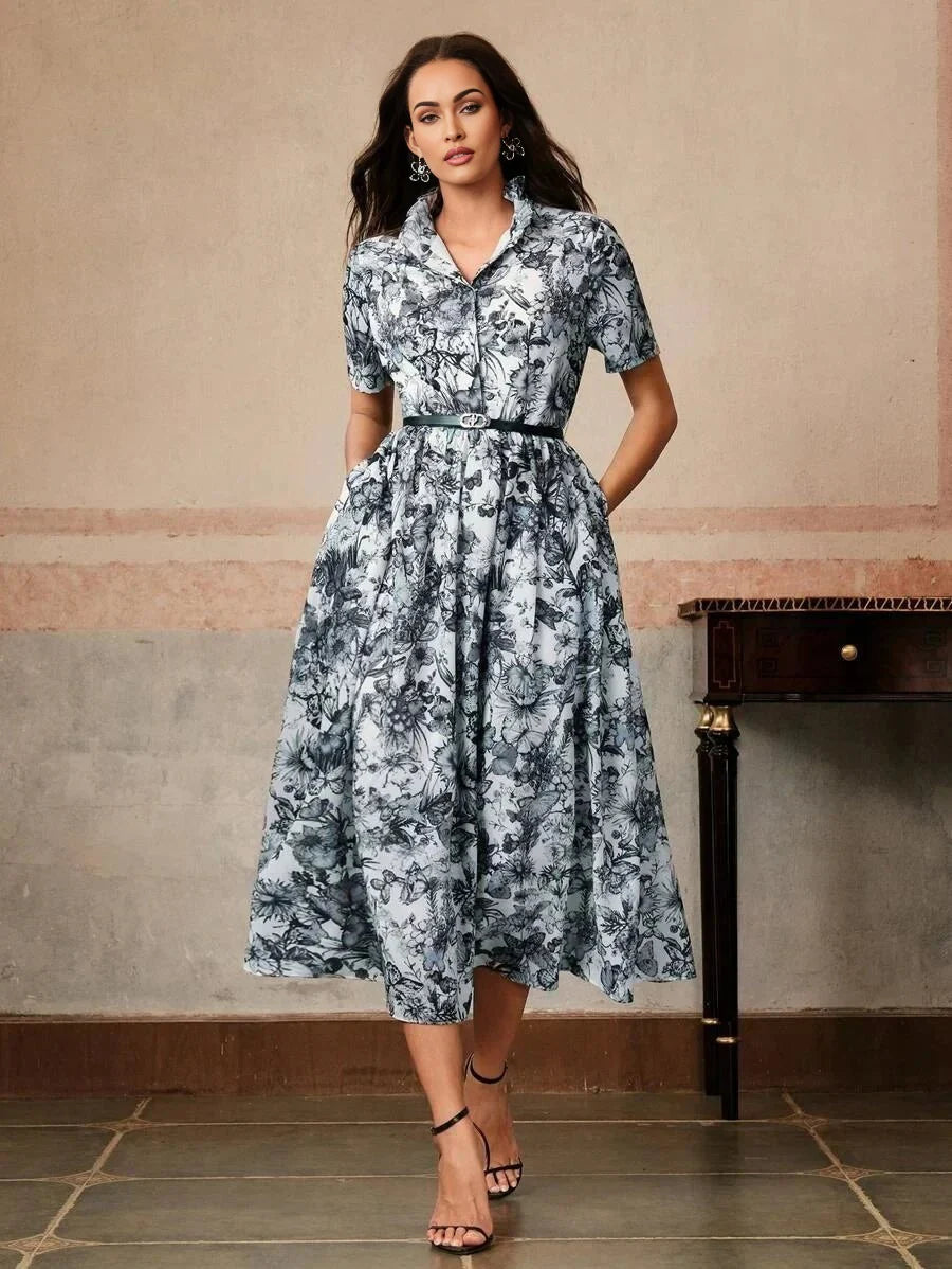 Midi Dress - Notched Neckline - A Line Style - Belted Detail - Flared Hem