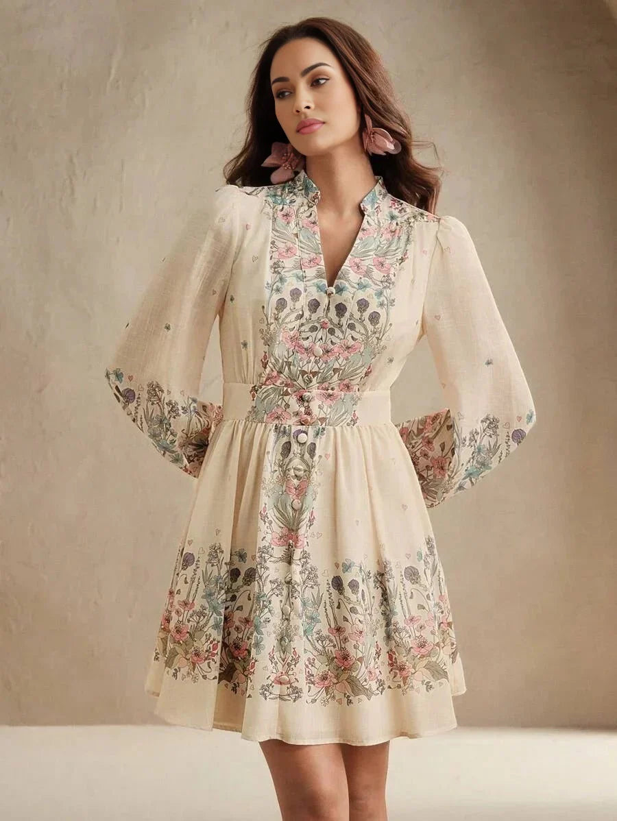 Midi Dress - Notched Neckline - Bishop Sleeve - High Waist - A Line - Boho Style