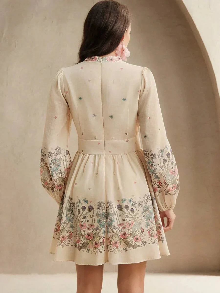 Midi Dress - Notched Neckline - Bishop Sleeve - High Waist - A Line - Boho Style
