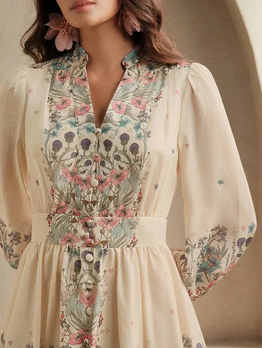 Midi Dress - Notched Neckline - Bishop Sleeve - High Waist - A Line - Boho Style