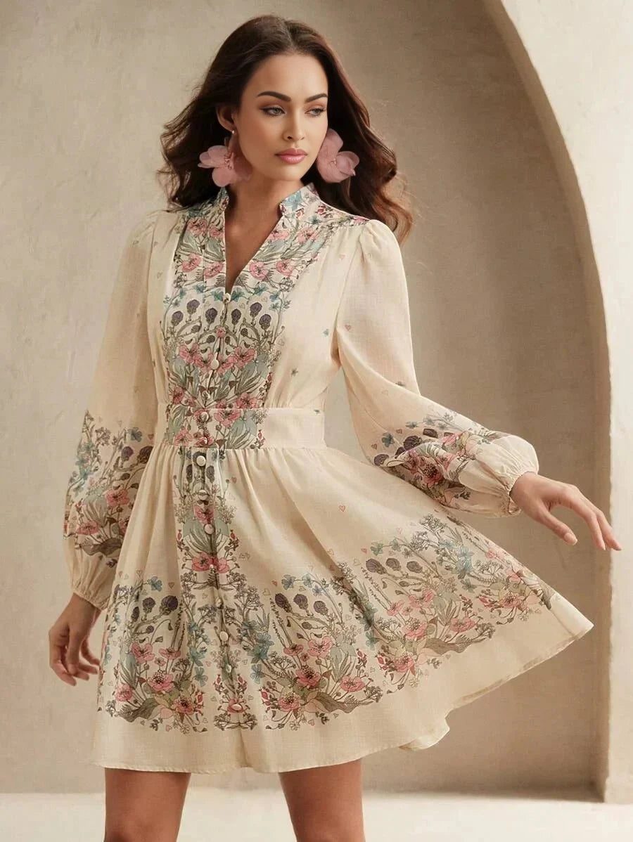 Midi Dress - Notched Neckline - Bishop Sleeve - High Waist - A Line - Boho Style