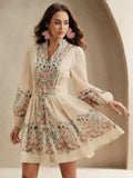 Midi Dress - Notched Neckline - Bishop Sleeve - High Waist - A Line - Boho Style