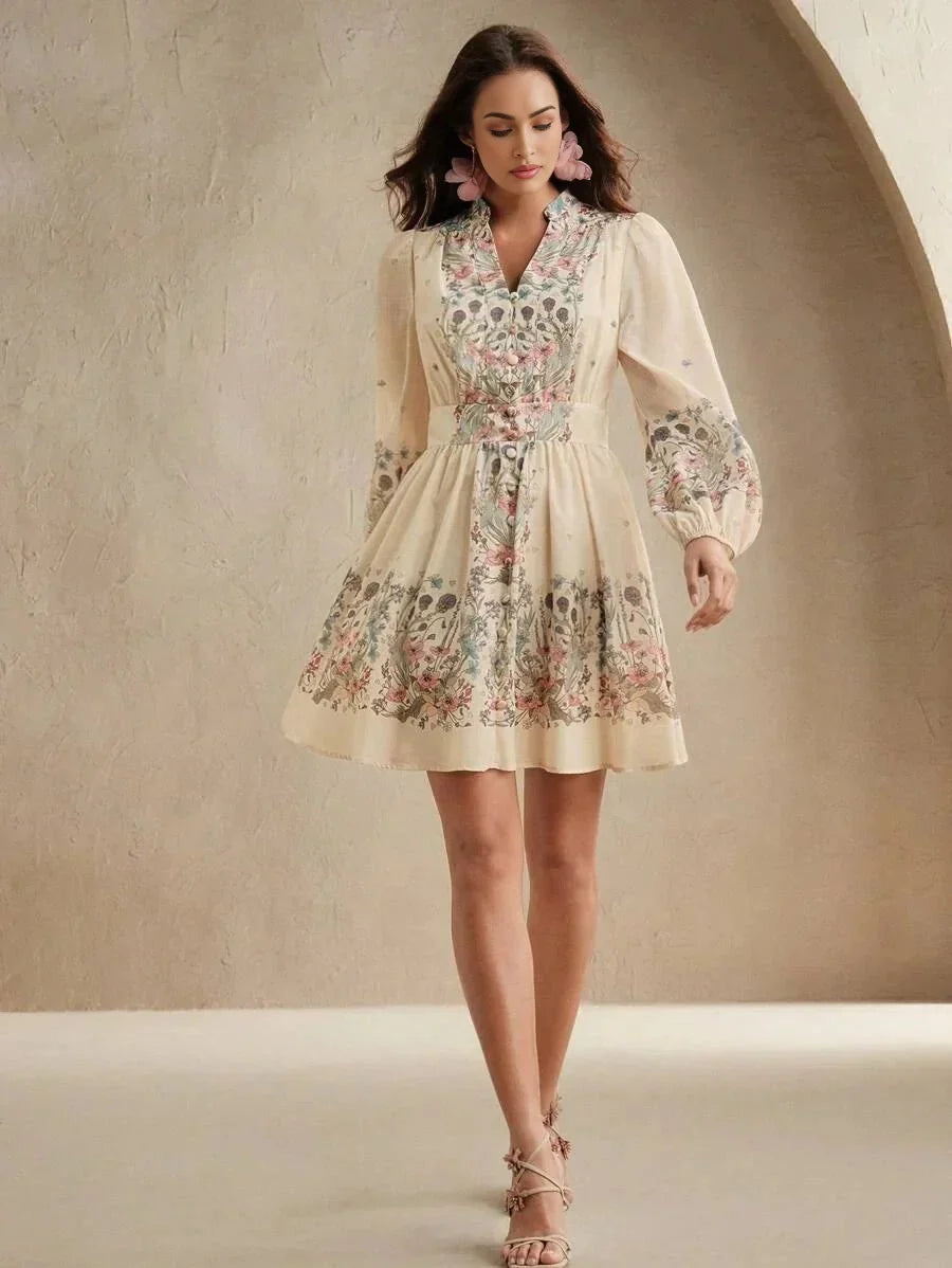 Midi Dress - Notched Neckline - Bishop Sleeve - High Waist - A Line - Boho Style