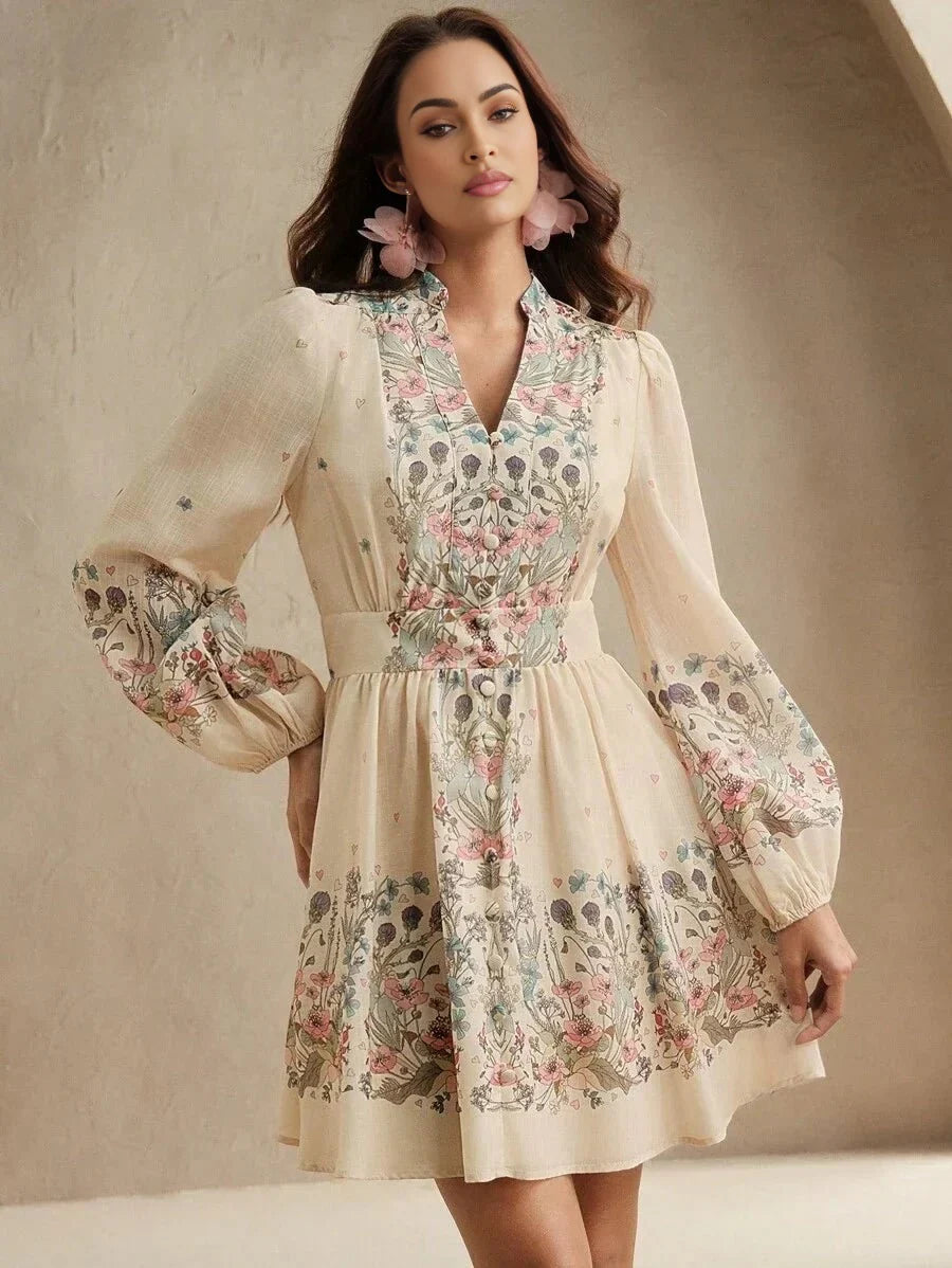 Midi Dress - Notched Neckline - Bishop Sleeve - High Waist - A Line - Boho Style