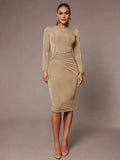 Midi Dress - Round Neck - Elegant Style - Twist Details - Slim Fit - High Stretch