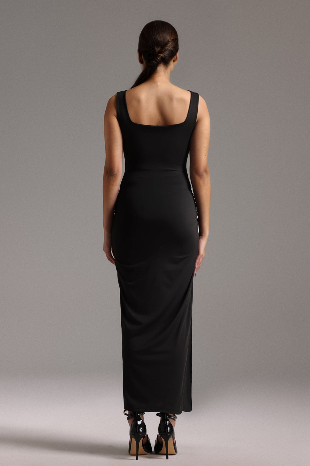 Mikayla Black Cut-Out Waist Slit Dress Square Neckline Stretchy Fabric Evening Glamorous Events
