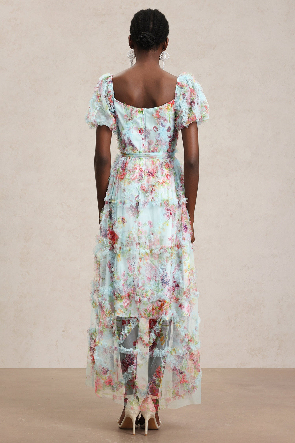 Mikayla Blue Floral Midi Dress with Ruffle Detail
