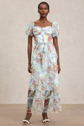 Mikayla Blue Floral Midi Dress with Ruffles and Bow Detail